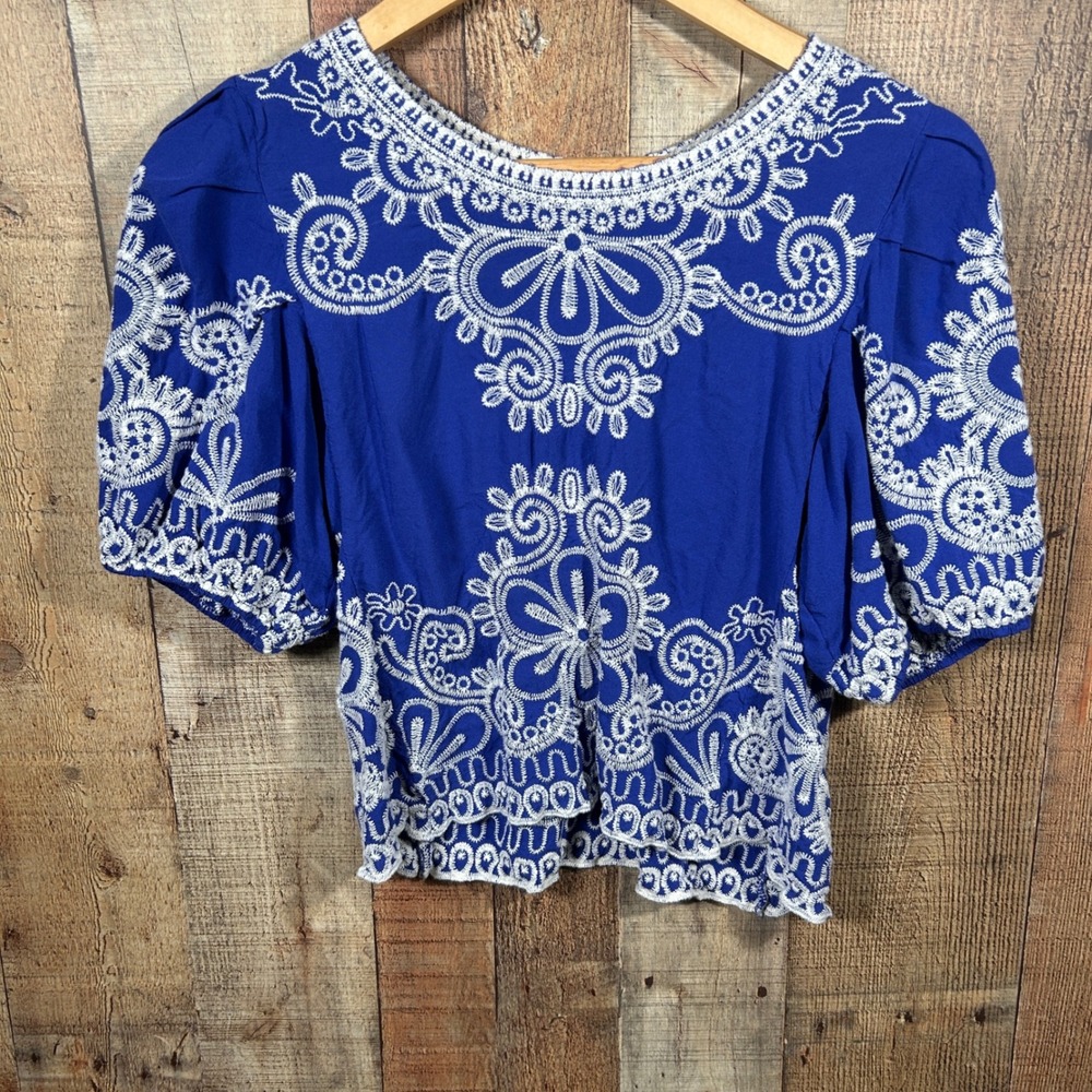 Solitaire Royal Blue Embroidered Boho Top Medium Cropped Puff Sleeve Folk Blouse